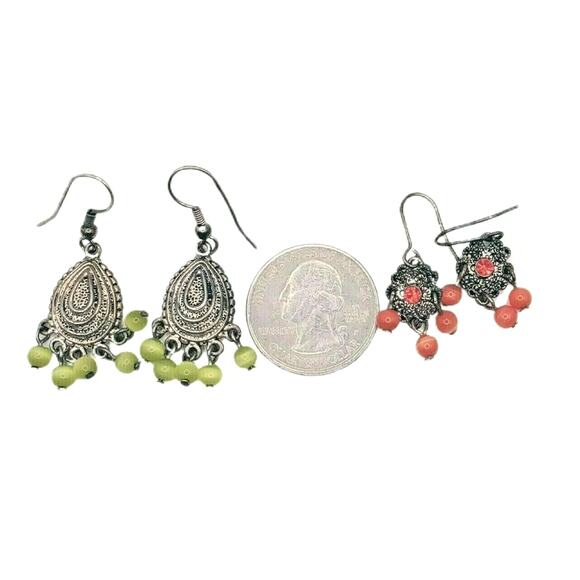 🟠🟢 Ombre Beaded Chandelier Earrings 💚🧡 Retro Spring Dangle 2Pr - Picture 9 of 9